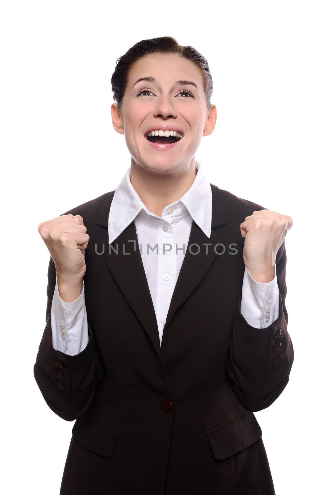Happy business woman crying. Isolated white background