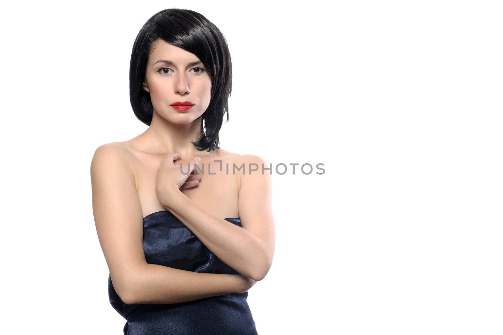 Portrait of a young vamp girl wearing topless blue dress isolated on white background