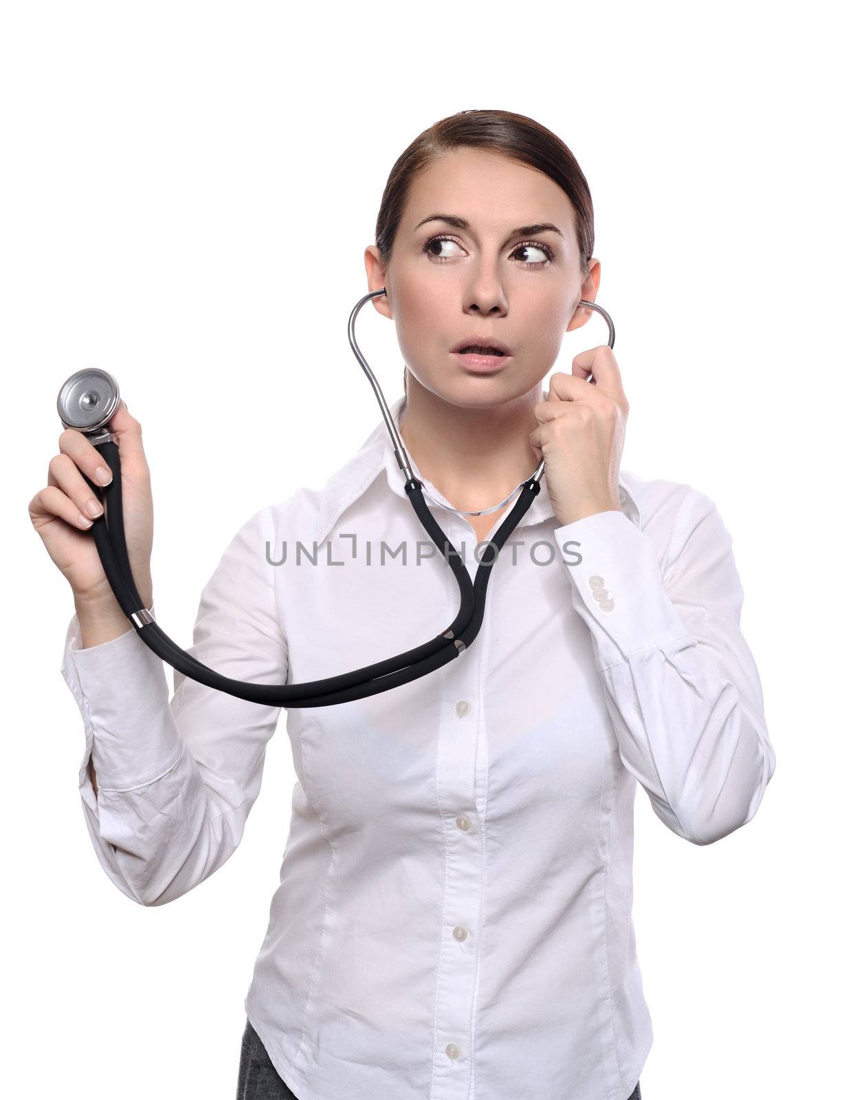 Female doctor listen with a stethoscope isolated on white background