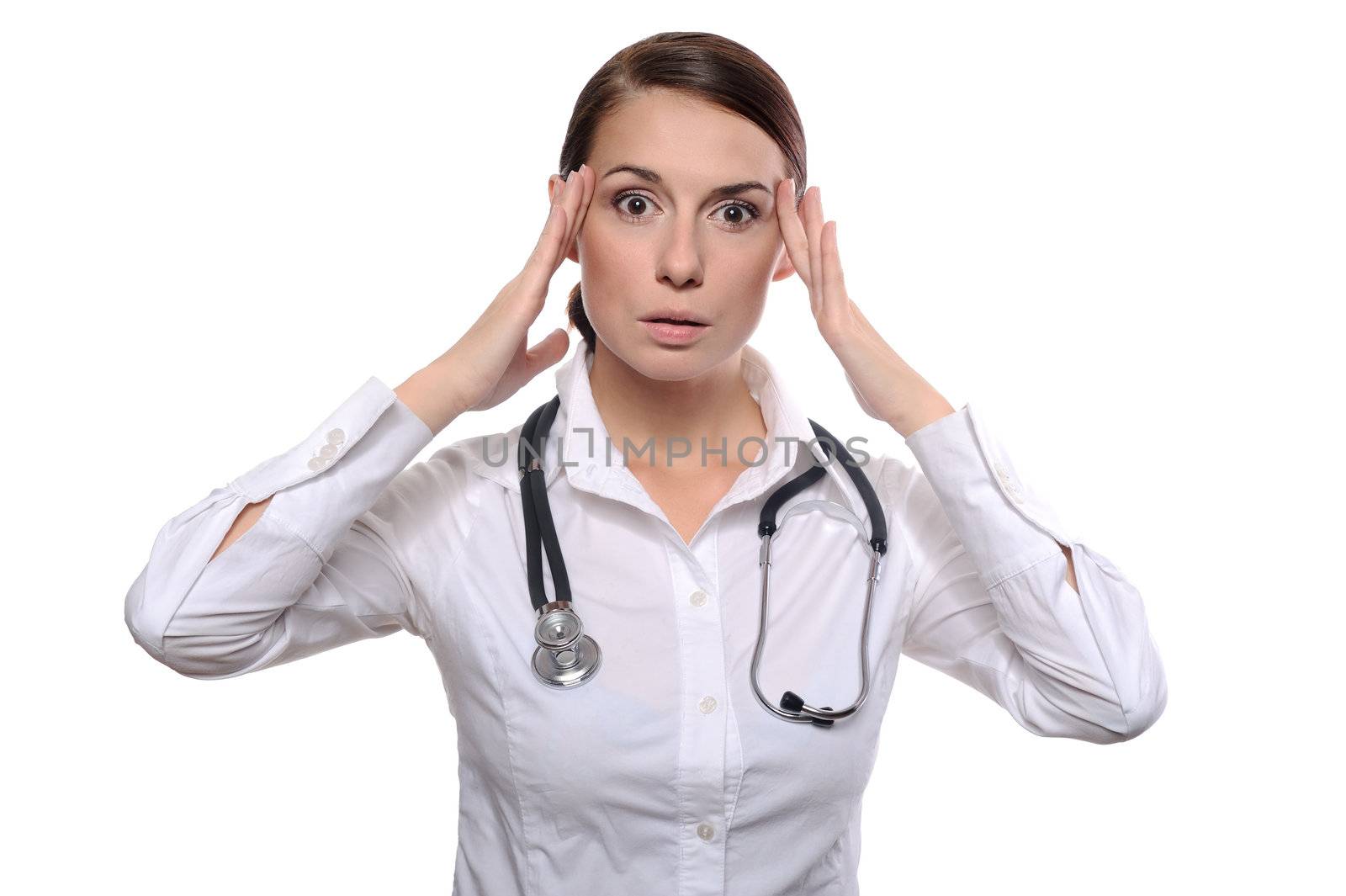 Portrait of a nurse / doctor with migraine headache overworked and stressed. Isolated on white