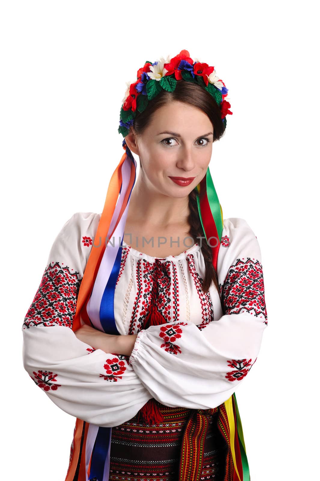 Portrait of joyful young Ukrainian woman in national costume. Isolated on white background