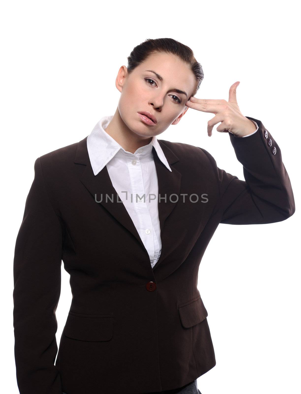 Bored young business woman making gun with her hand pretending to blow up her head