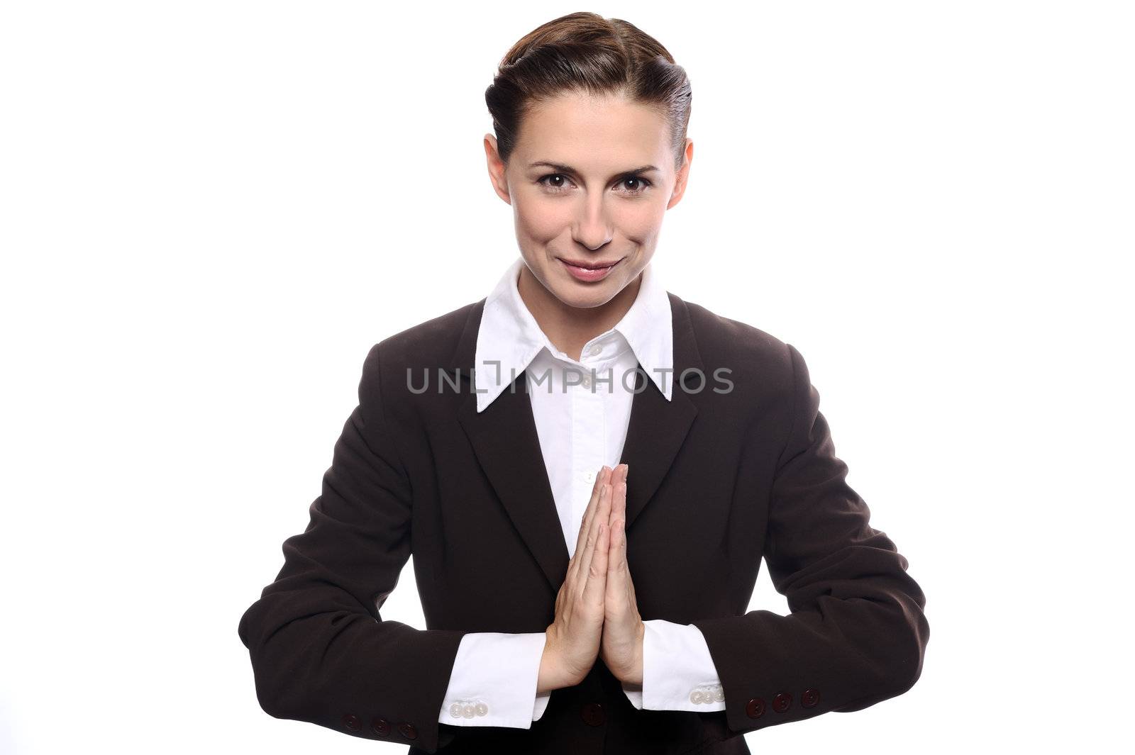 Young business woman woman in meditation. Isolated on white background