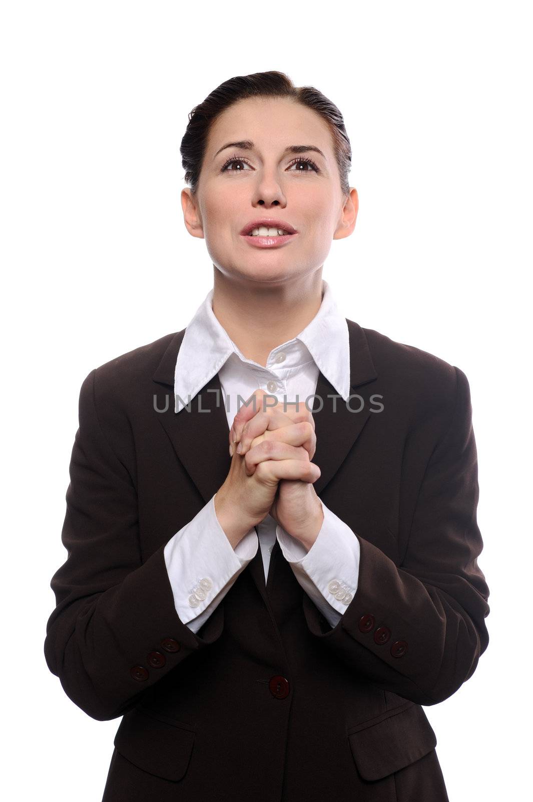 Portrait of young happy business woman praying over white background