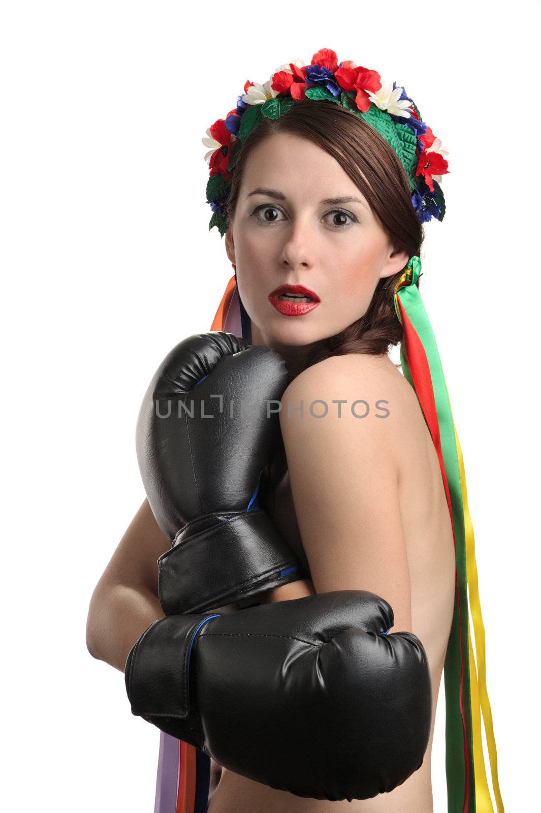 Frightened woman with boxing gloves by kirs-ua