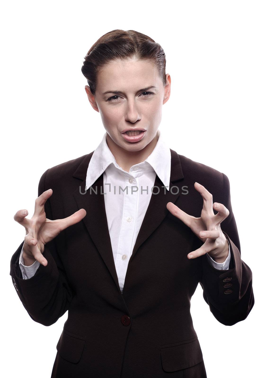 Angry and frustrated young businesswoman in suit. Beautiful young woman isolated on white background.