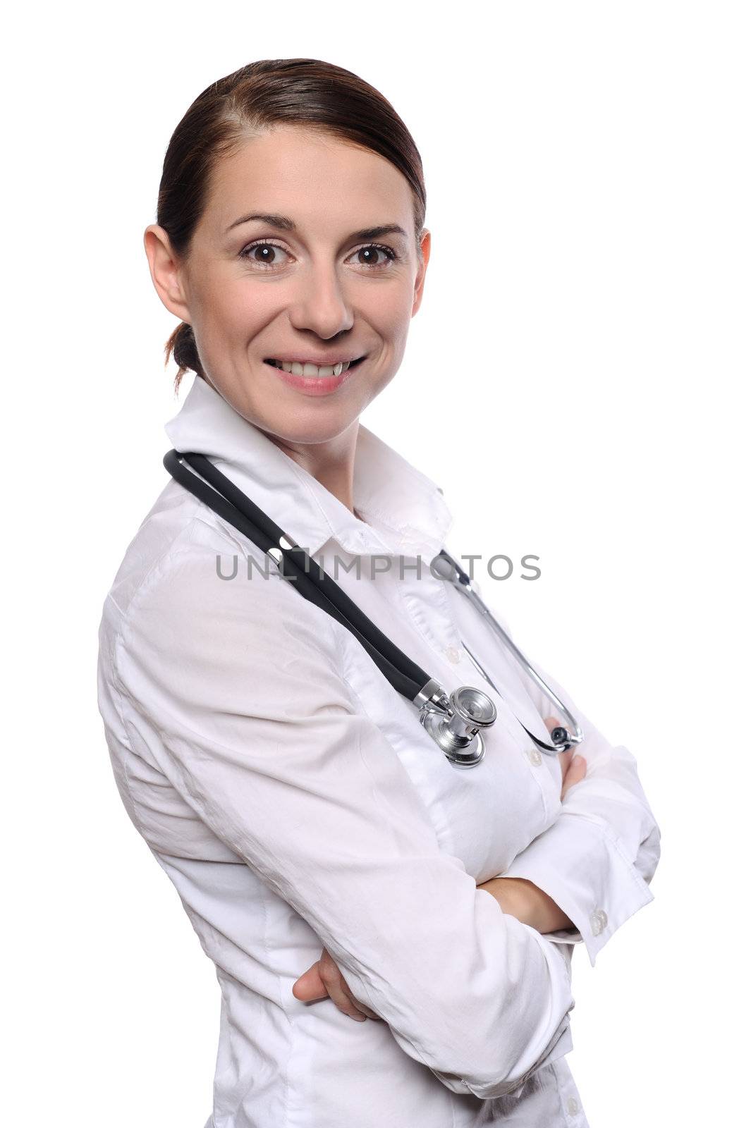 Portrait of a beautiful female doctor with a stethoscope. Isolated over white background