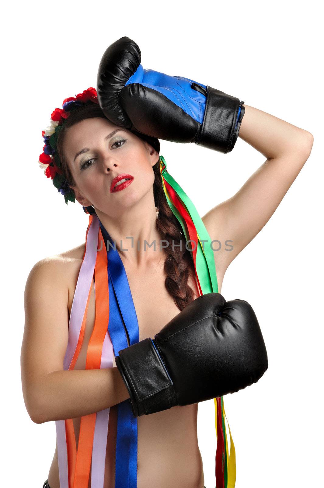 Topless girl with boxing gloves and floral wreath on her head isolated on white background