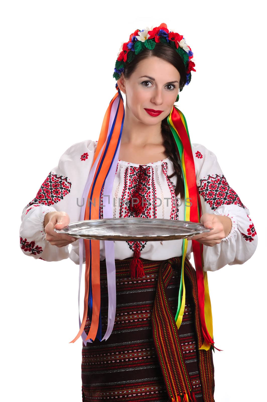 Woman in ukraininan costume holding empty tray by kirs-ua