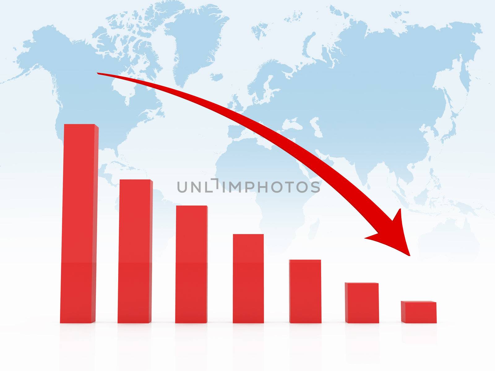 Red recession chart with red arrow on blue world map background.
