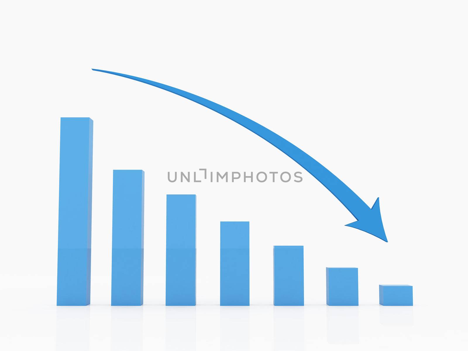 Blue recession chart with blue arrow on white background.