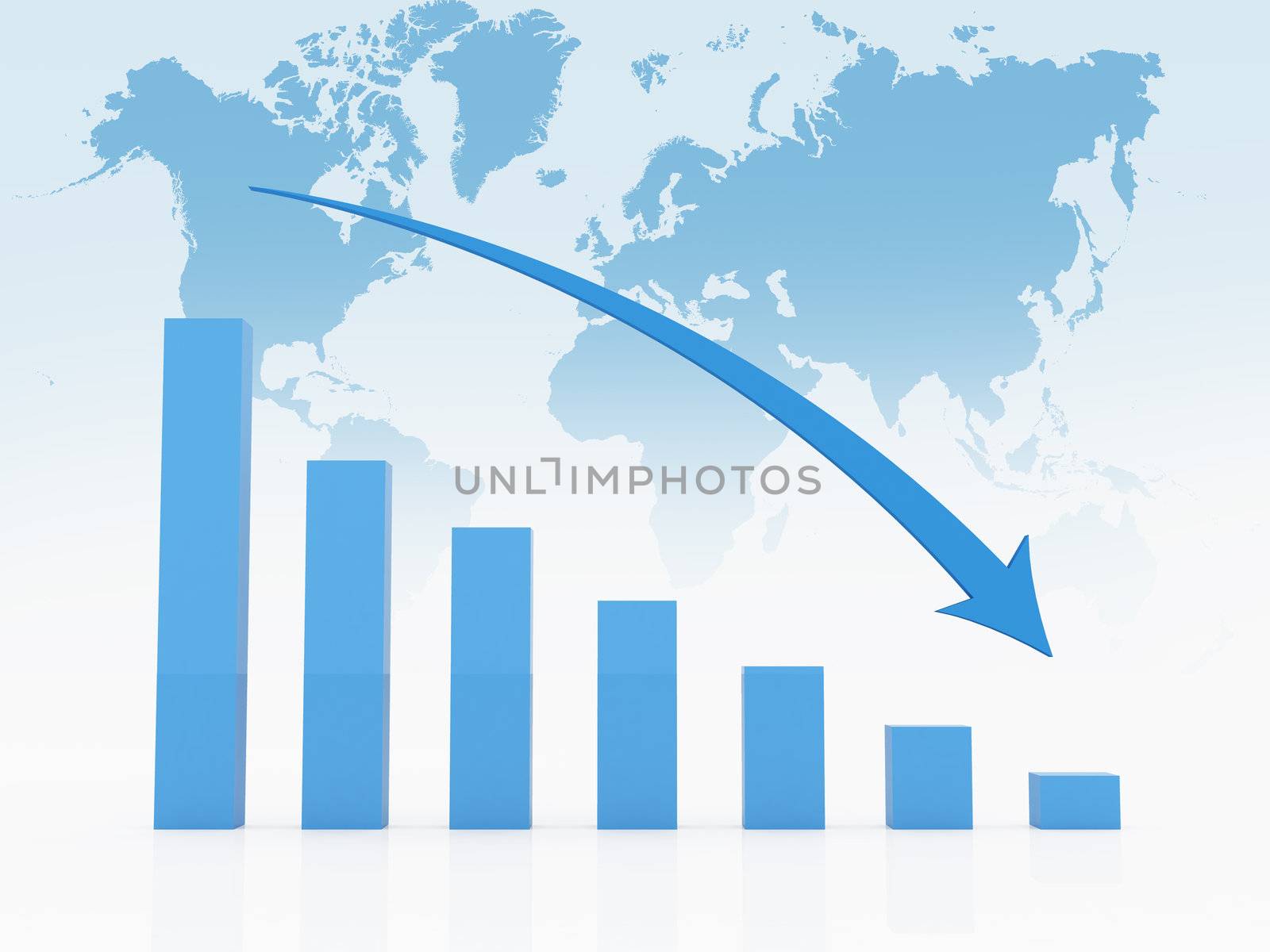 Blue recession chart with blue arrow on blue world map background.