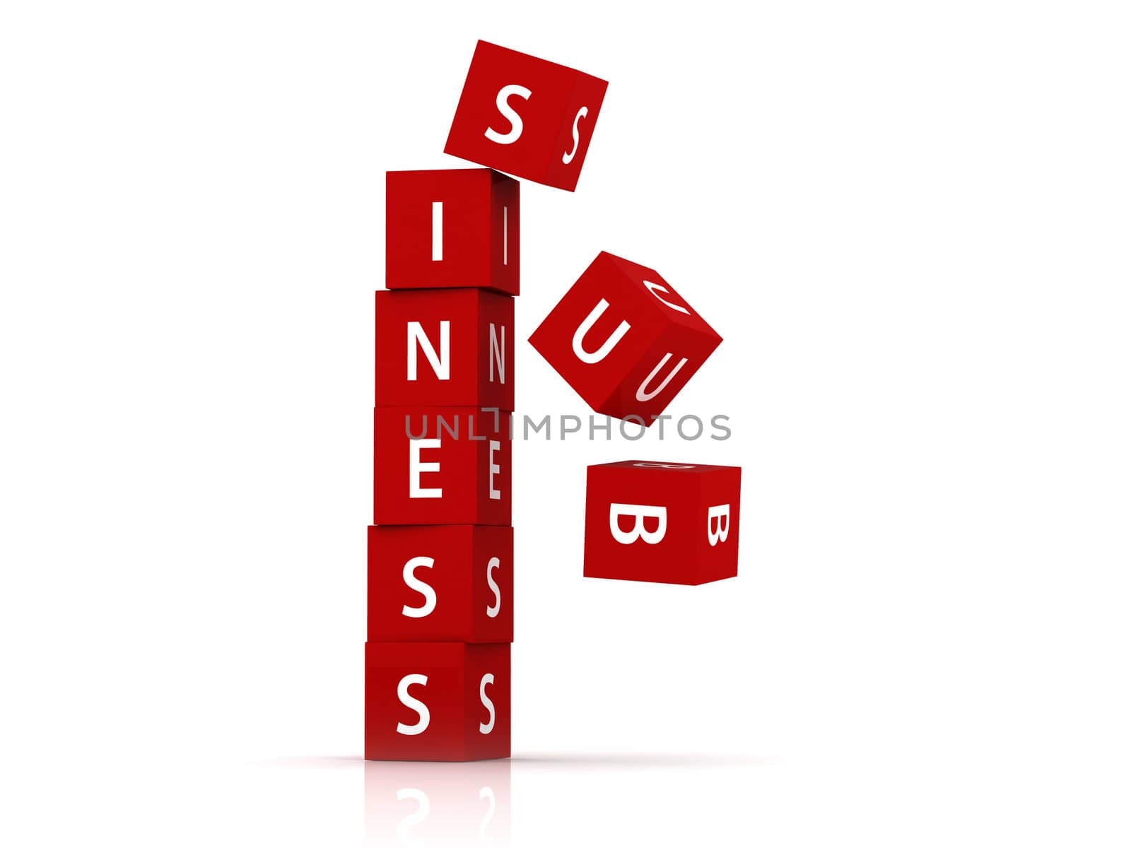 Red business blocks falling down one by one on white background.
