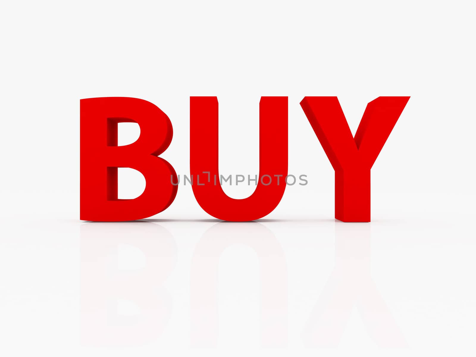 Red buy text , three dimesional shape, red color on white background.