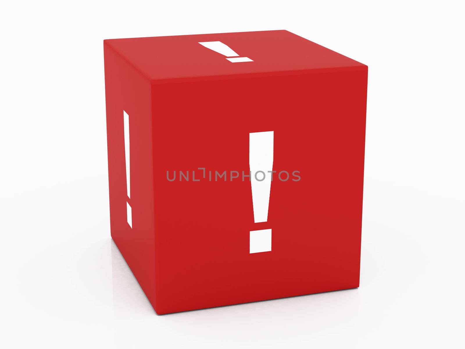 Exclamation mark symbol in red, square cube on white background.