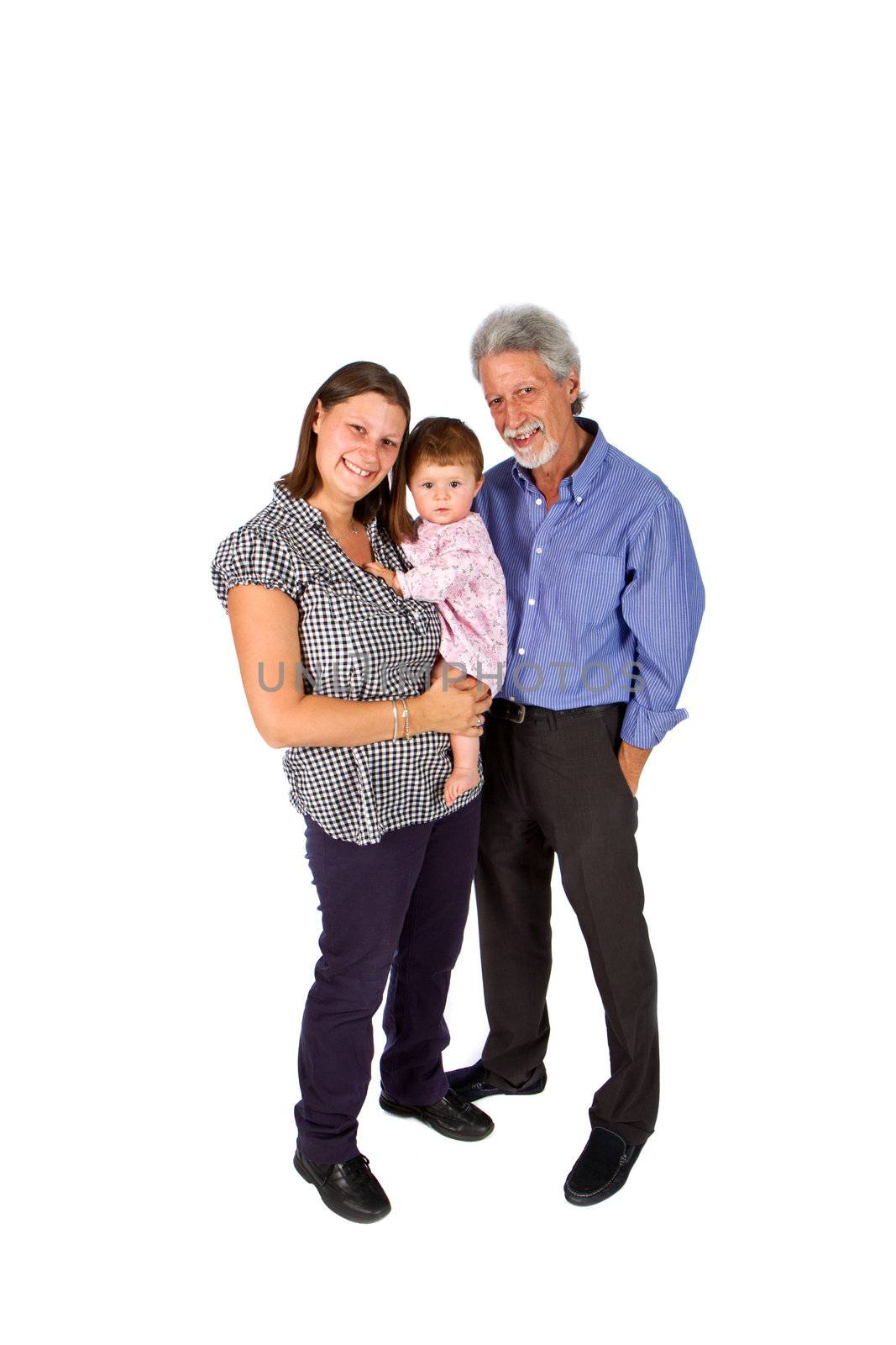 Portrait of a happy family with grandfather mother  and baby isolated against white background