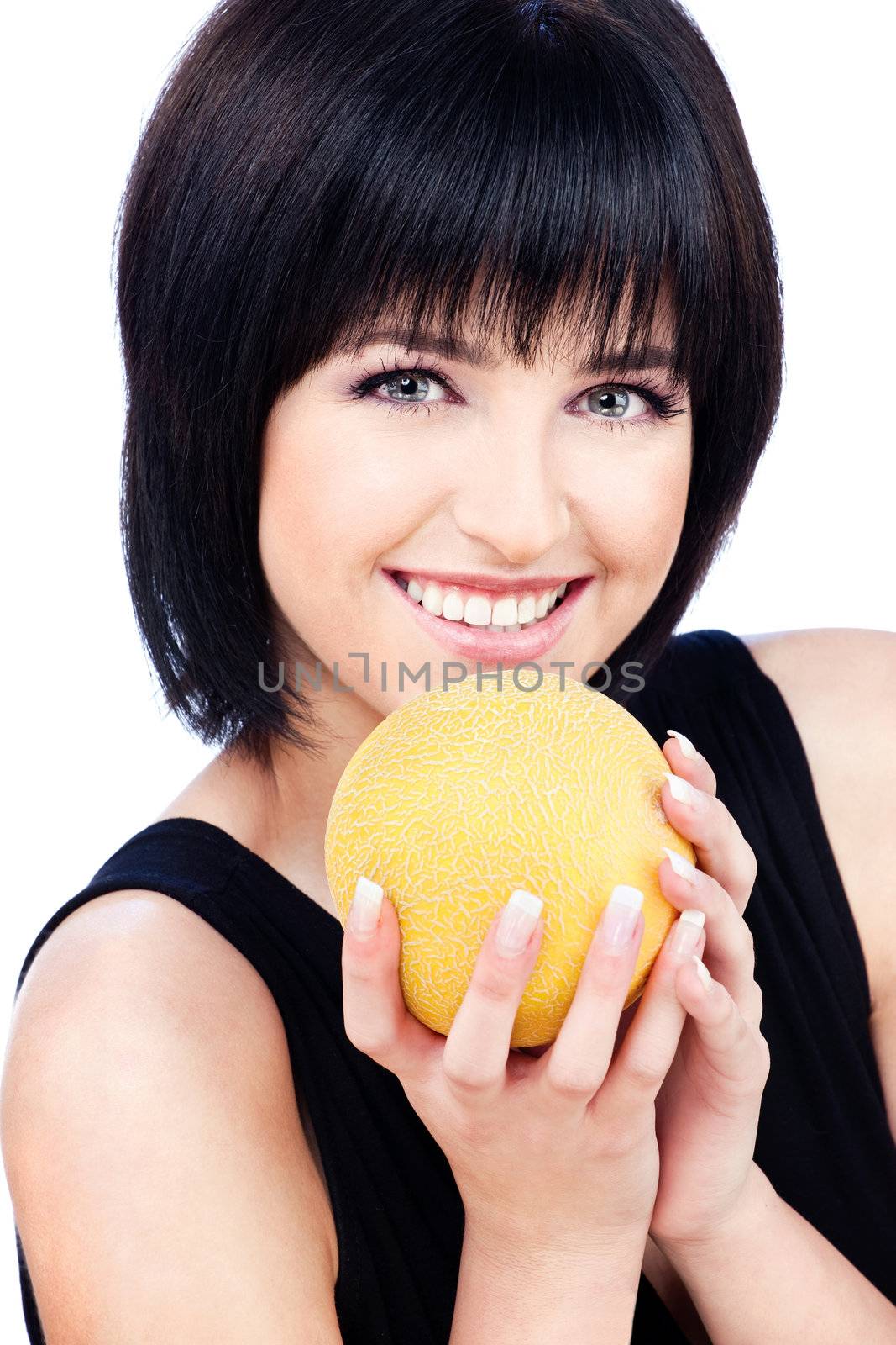 Pretty smiled girl holding melon, isolated on white background