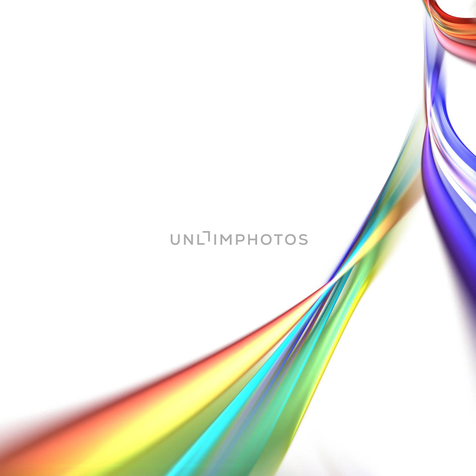 White background with streaks of colorful rainbow swooshes flowing across the layout.