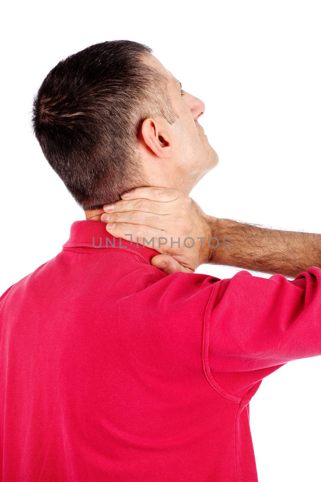 Man have neck pain, isolated on white background