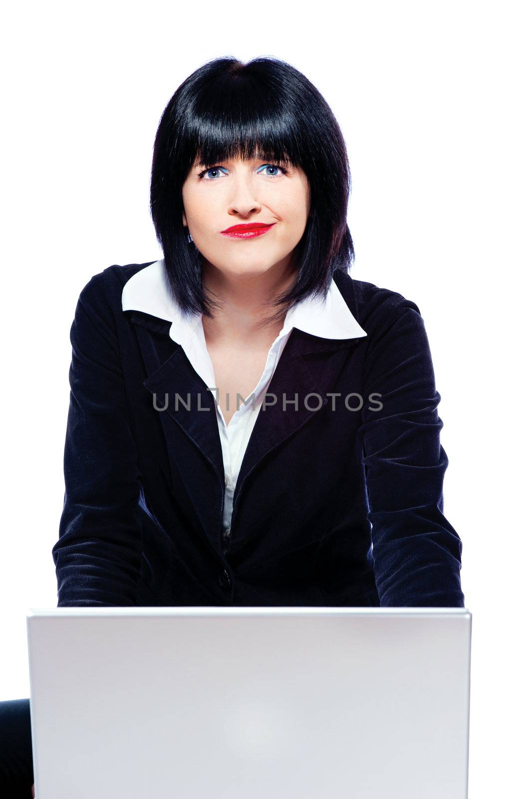 business woman behind laptop marveling, isolate on white