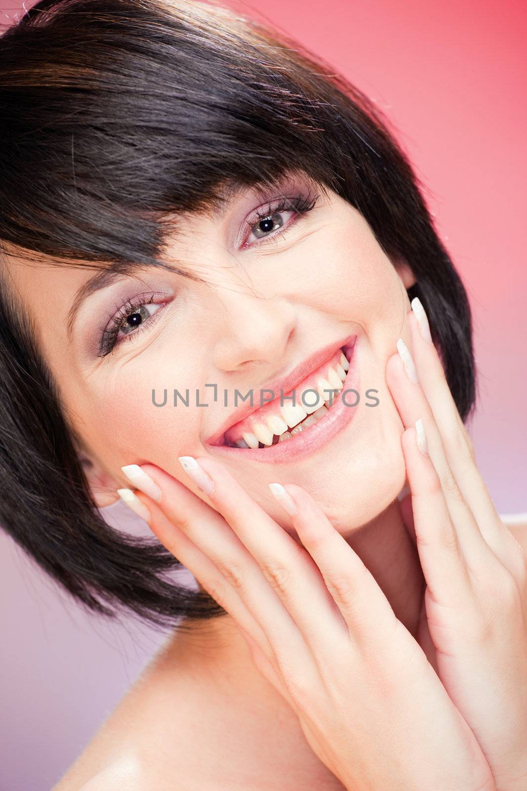 Pretty smiled woman on red background