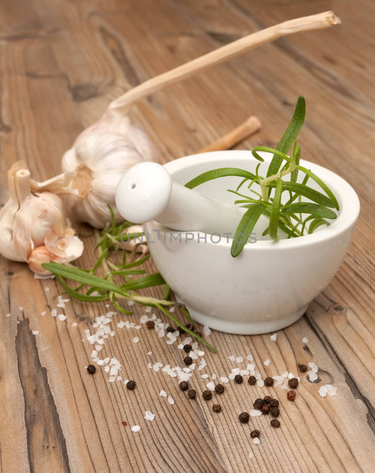 Mortar and Pestle With Ingredients - Rosemary, Salt, Pepper and Garlic