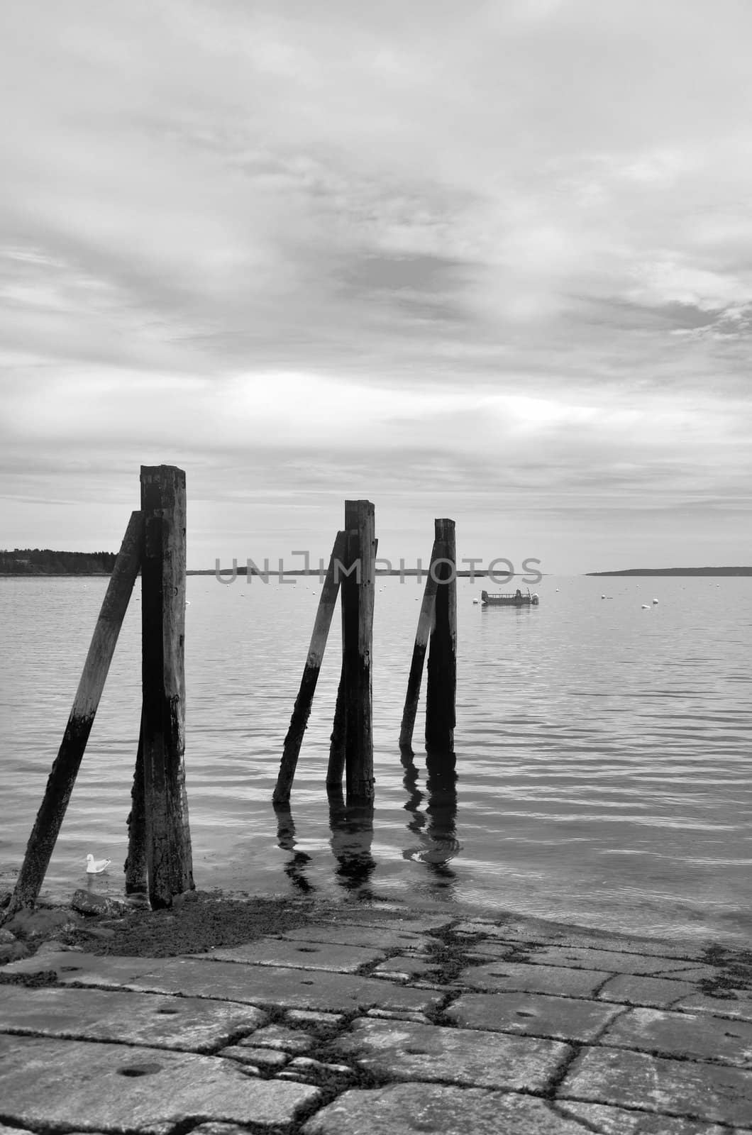 An old boat ramp in maine with three pylons in the water. Shown in black and white.