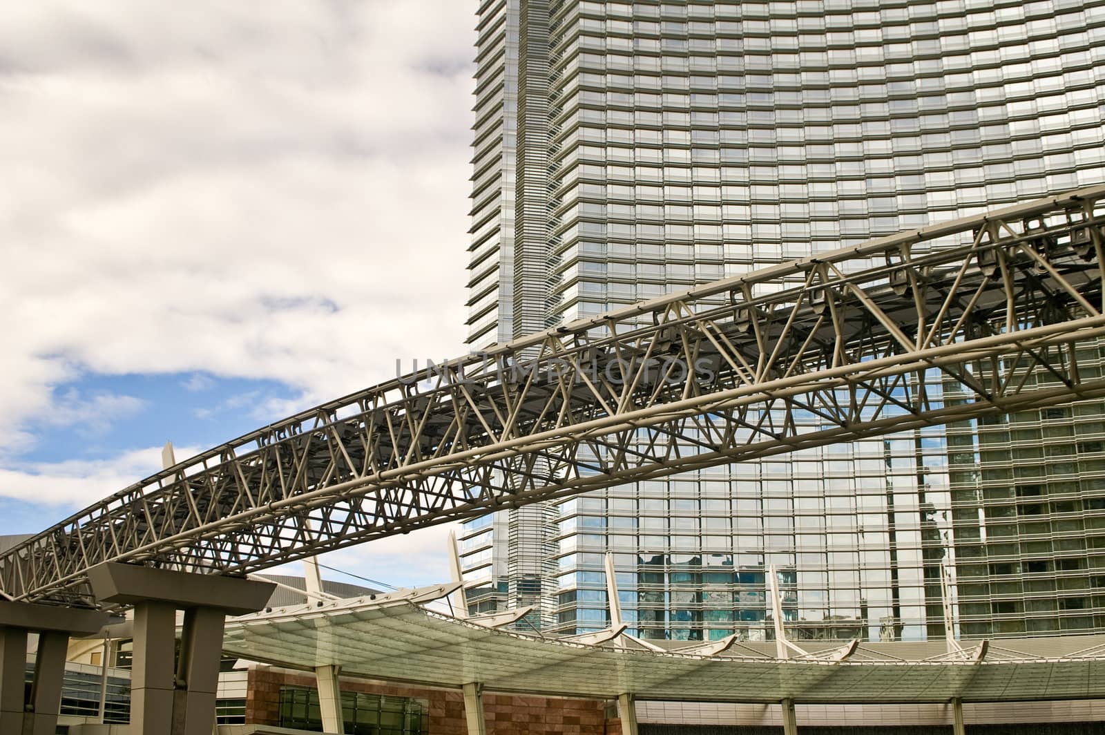Monorail track through heart of Las Vegas on cloudy day