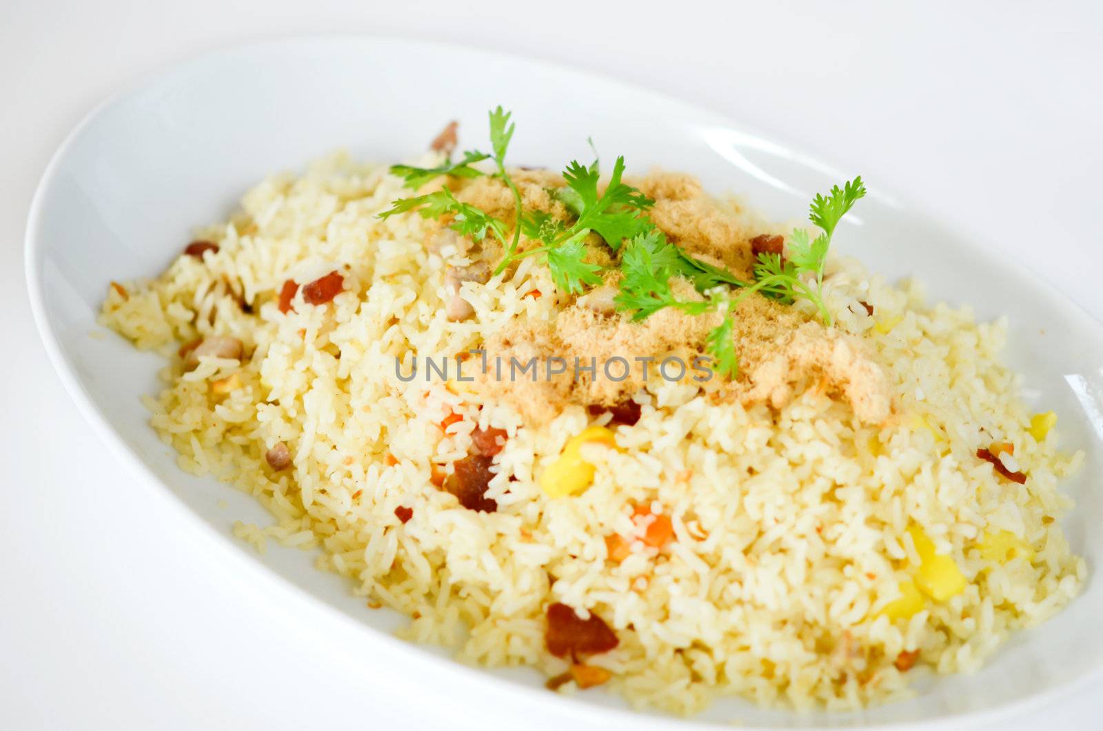  fired rice and  dried shredded pork  on white plate