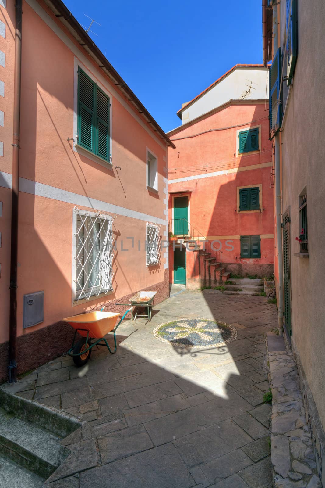 characteristic small square in San Rocco di Camogli, Liguria, Italy. Image processed with hdr technique
