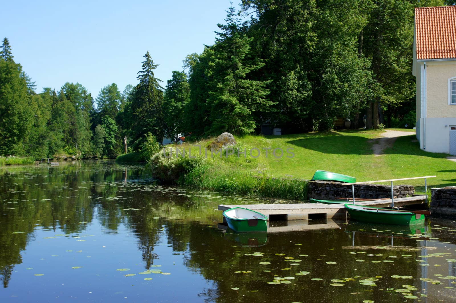 View on coast of a pond and a boat