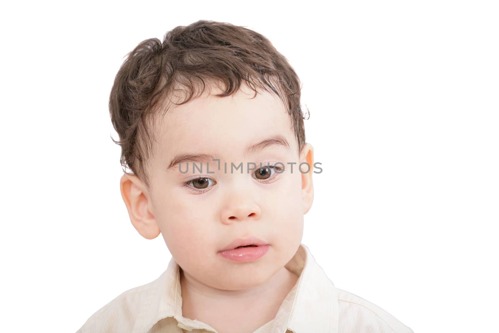 little boy, child looking down isolated on white