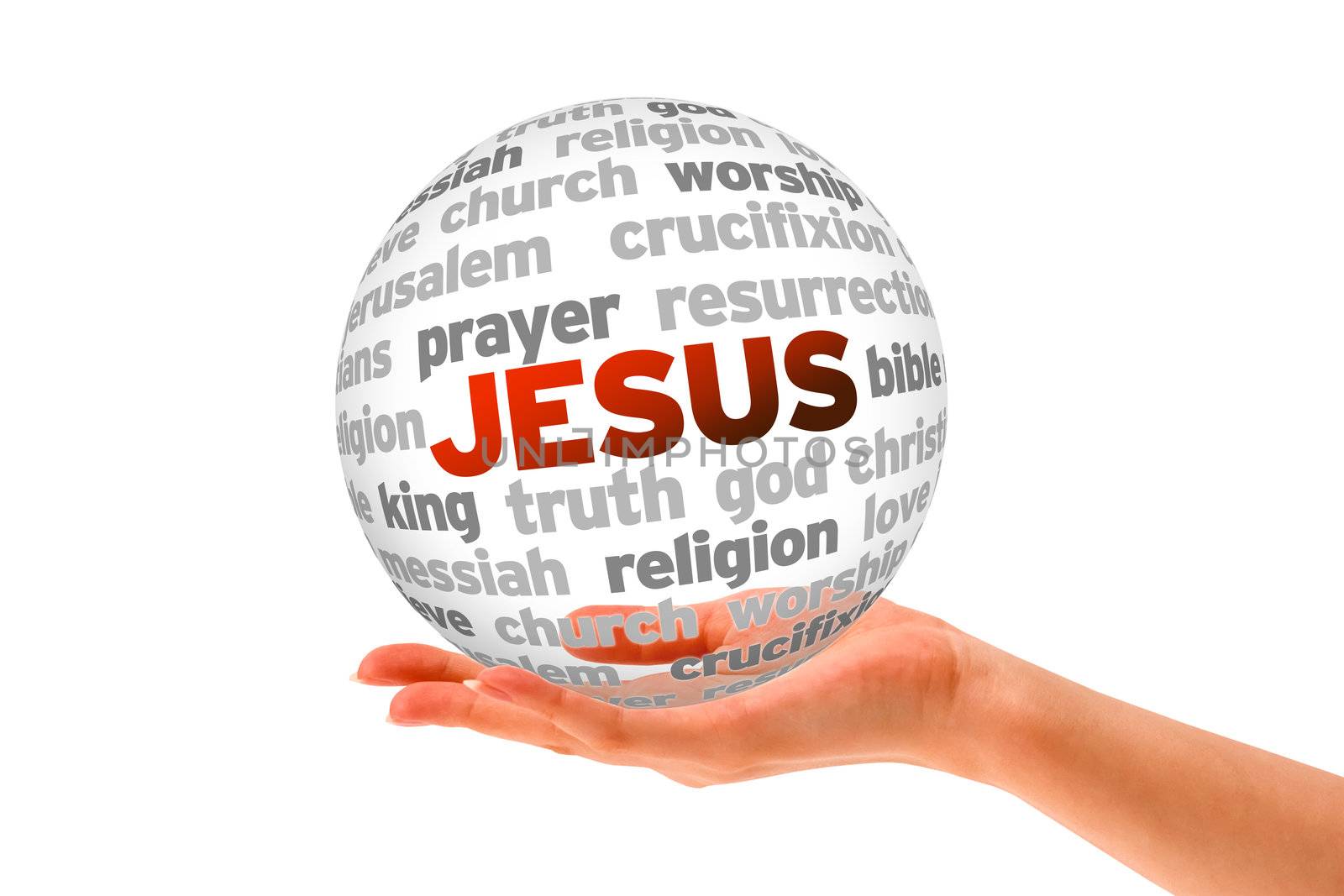 Hand holding a Jesus Word Sphere on white background. 