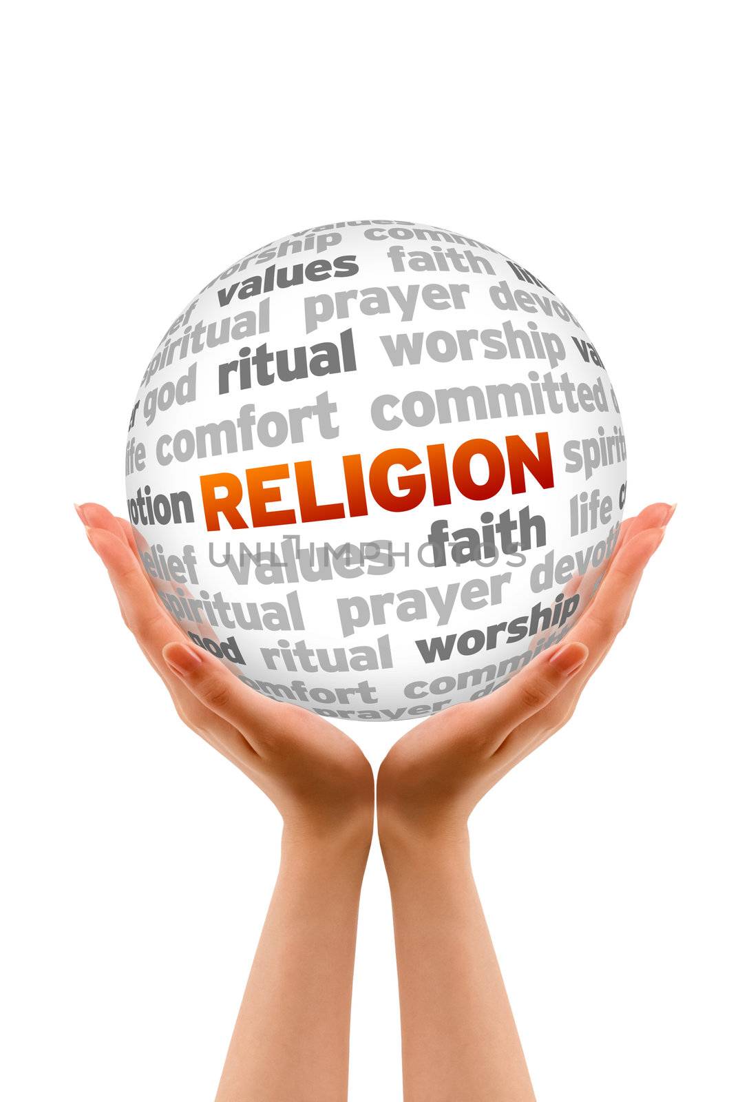 Hands holding a Religion Word Sphere sign on white background.