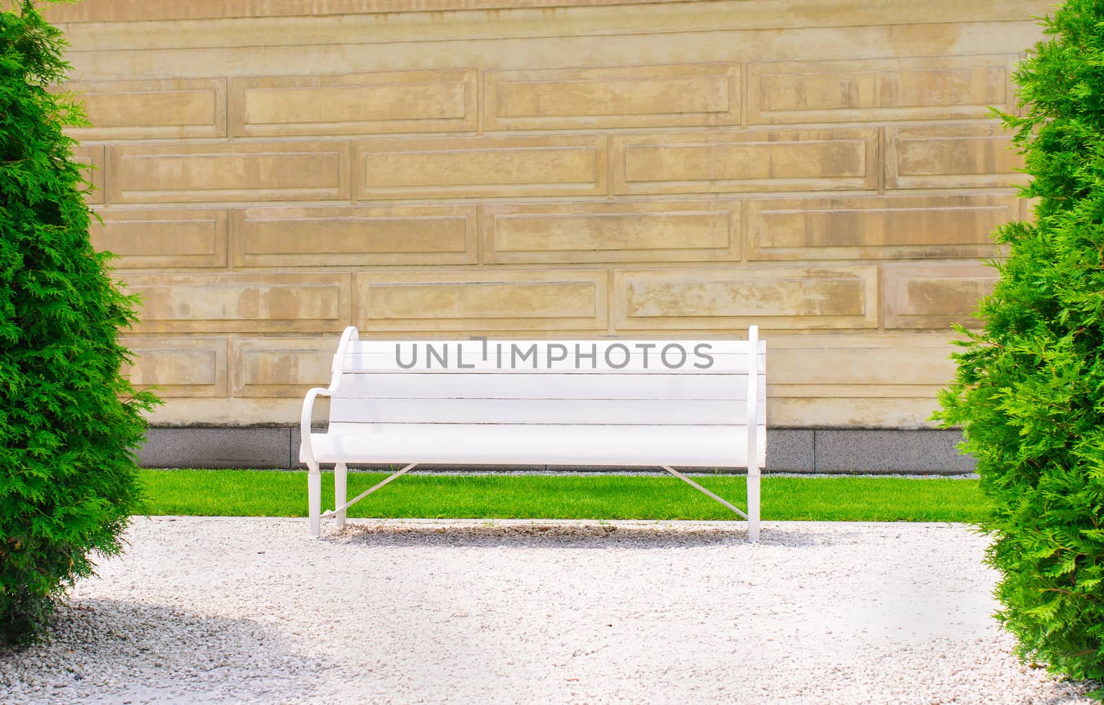 Empty wooden bench on the wall backgroundon a sunny day