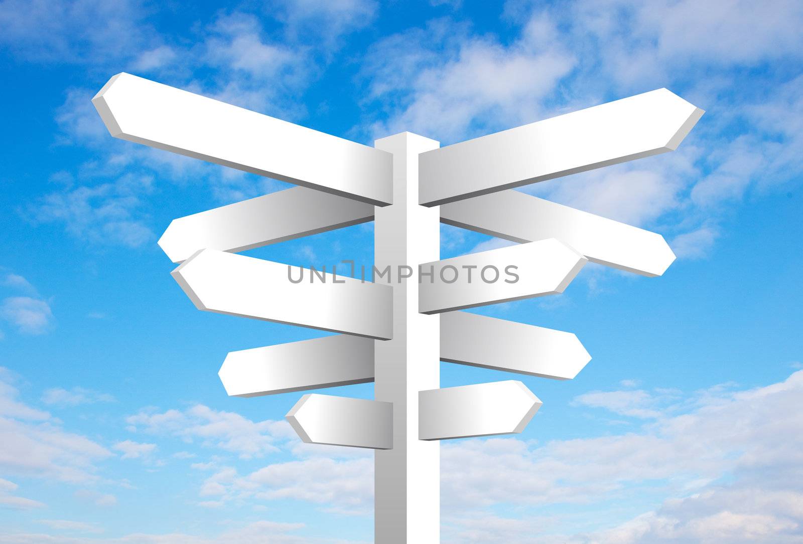 Blank signpost on cloudy blue sky background
