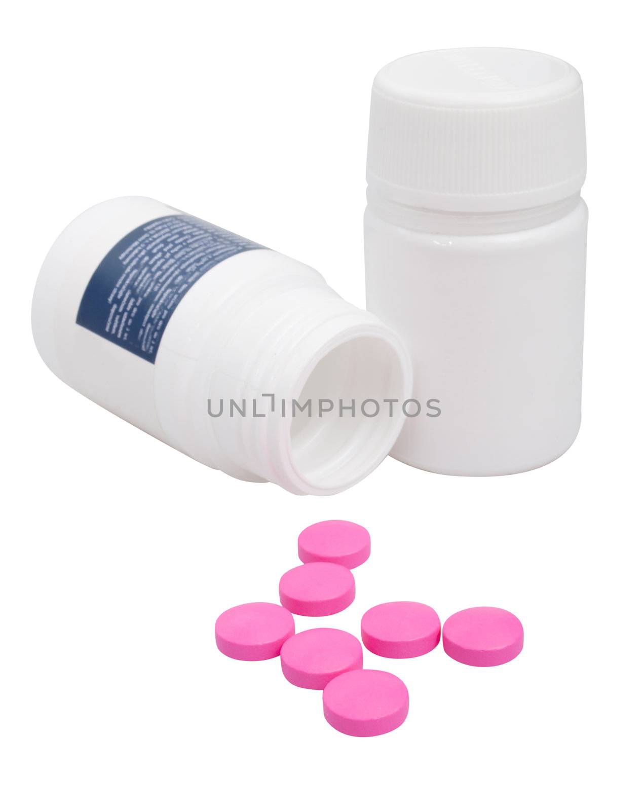 Pink Pills in White Bottle Isolated On White Background