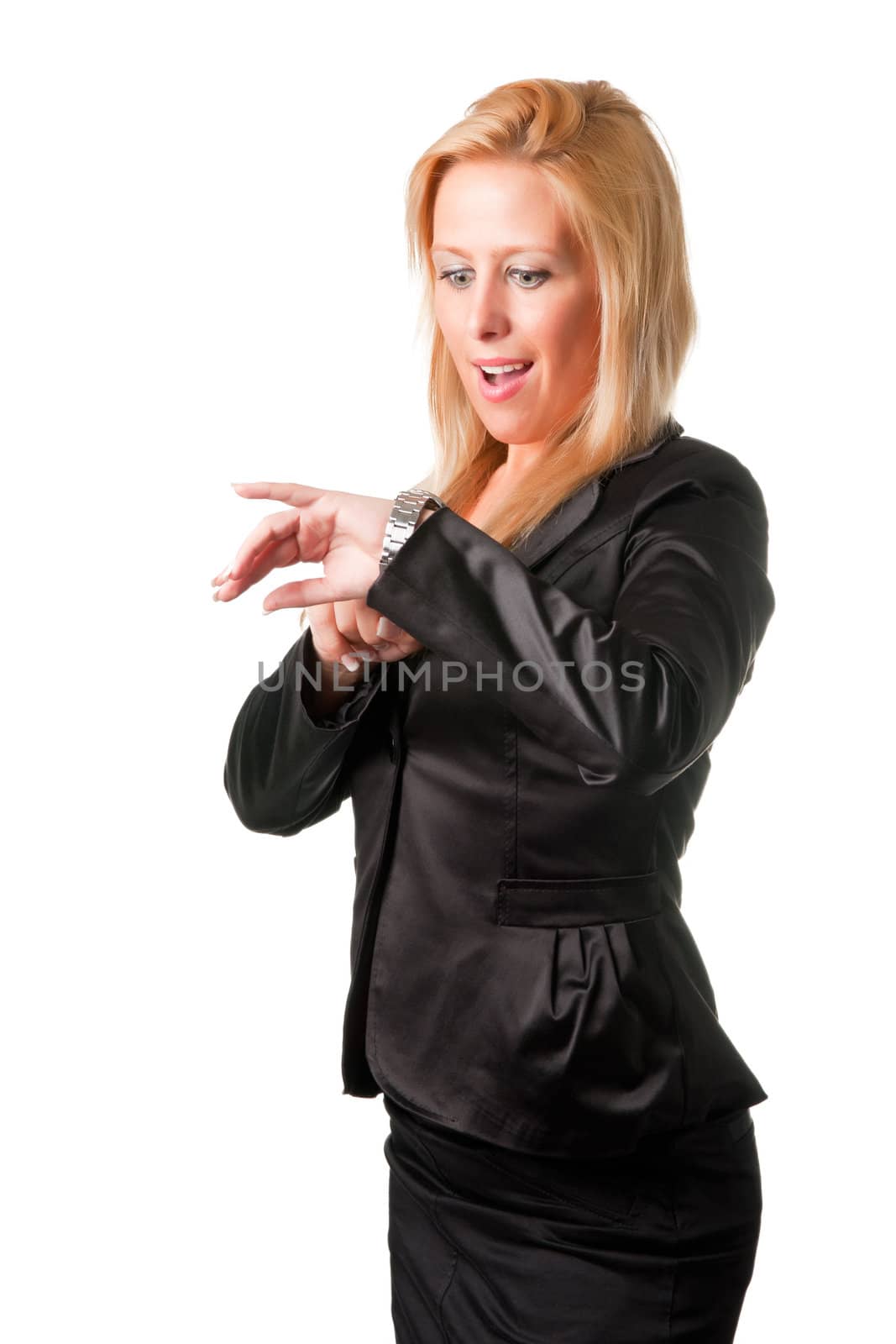 Businesswoman looking at her watch with a surprised look. Isolated on a white background.