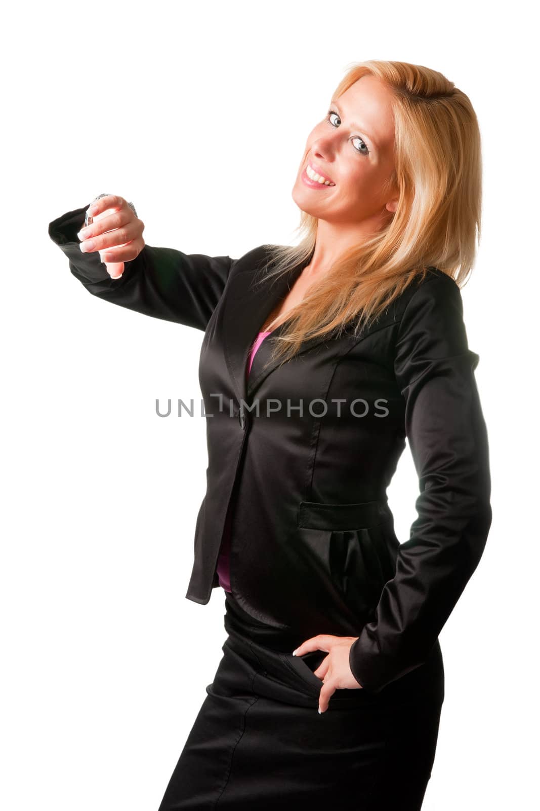 Businesswoman looking at her watch with a surprised look. Isolated on a white background.