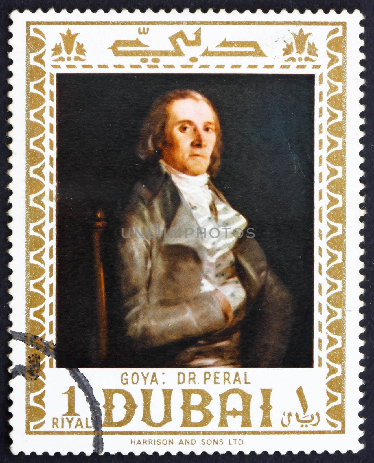 DUBAI - CIRCA 1967: a stamp printed in the Dubai shows Dr. Pearl, Painting by Francisco Goya, circa 1967