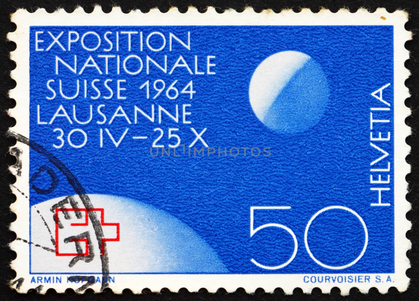 SWITZERLAND - CIRCA 1963: a stamp printed in the Switzerland shows EXPO Emblem on Globe and Moon, Swiss National Exhibition, Lausanne, Switzerland, circa 1963