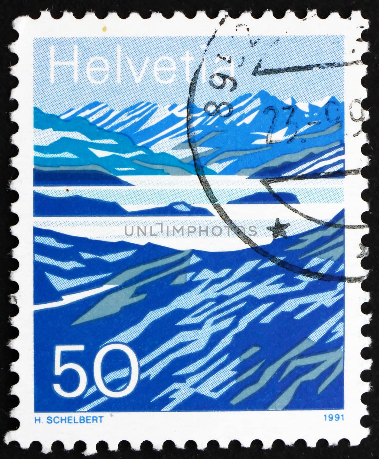 SWITZERLAND - CIRCA 1991: a stamp printed in the Switzerland shows Mountain Lakes, Switzerland, circa 1991