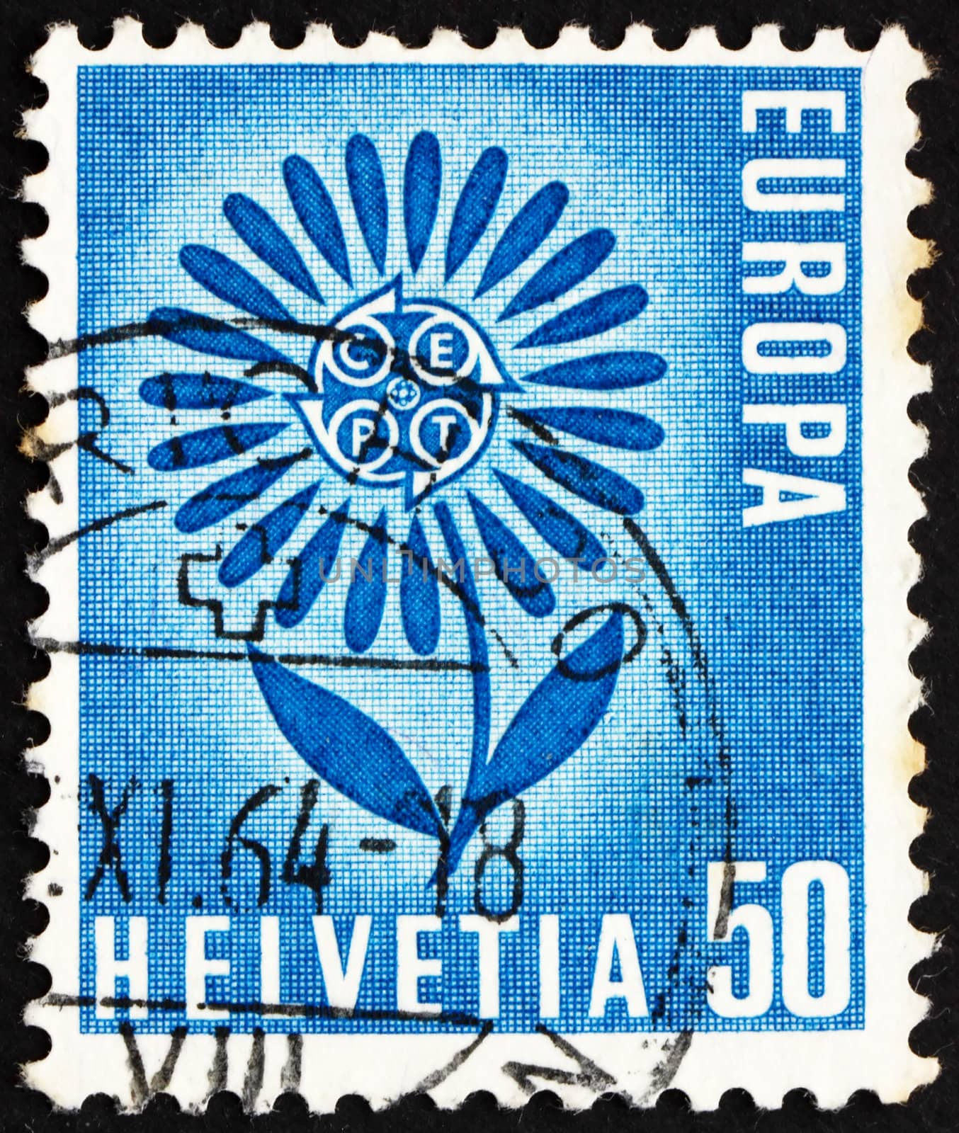 SWITZERLAND - CIRCA 1964: a stamp printed in the Switzerland shows Symbolic Daisy, 5th Anniversary of CEPT, 22 Petals Symbolize 22 Members of the Conference, circa 1964