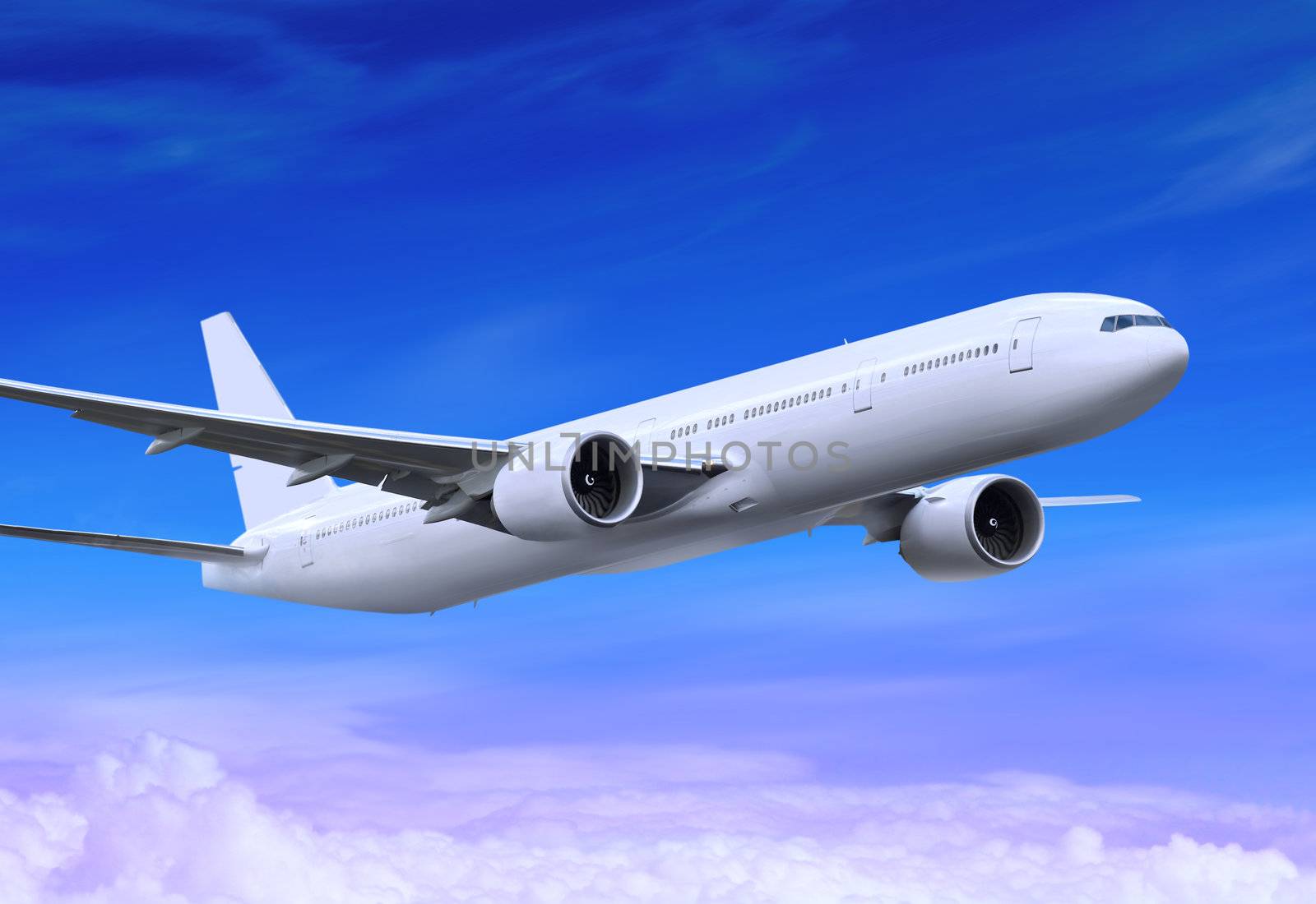 white passenger plane is landing away in the blue sky