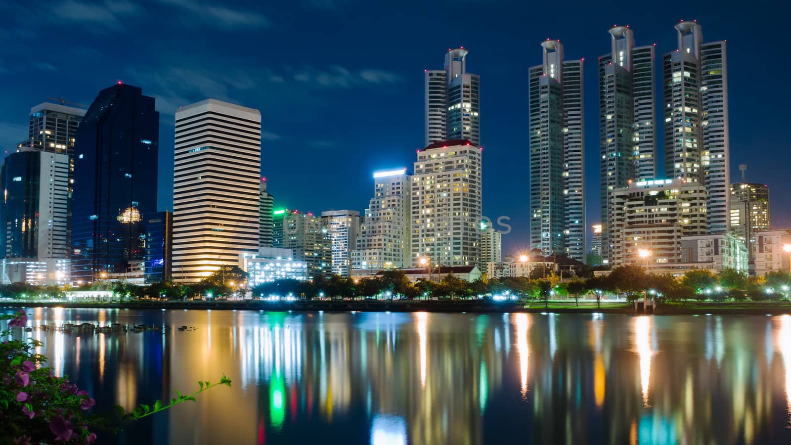 Night Lights Building in Bangkok and Reflection