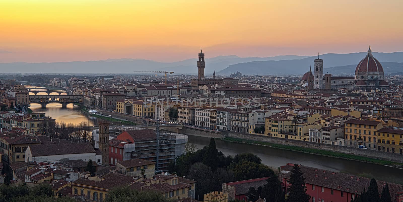 Beautiful sunset over the river Arno in Florence, Italy,