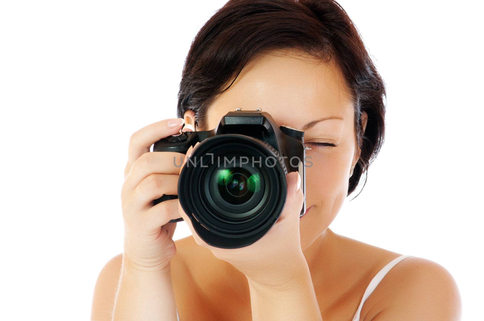 Young girl with DSLR isolated