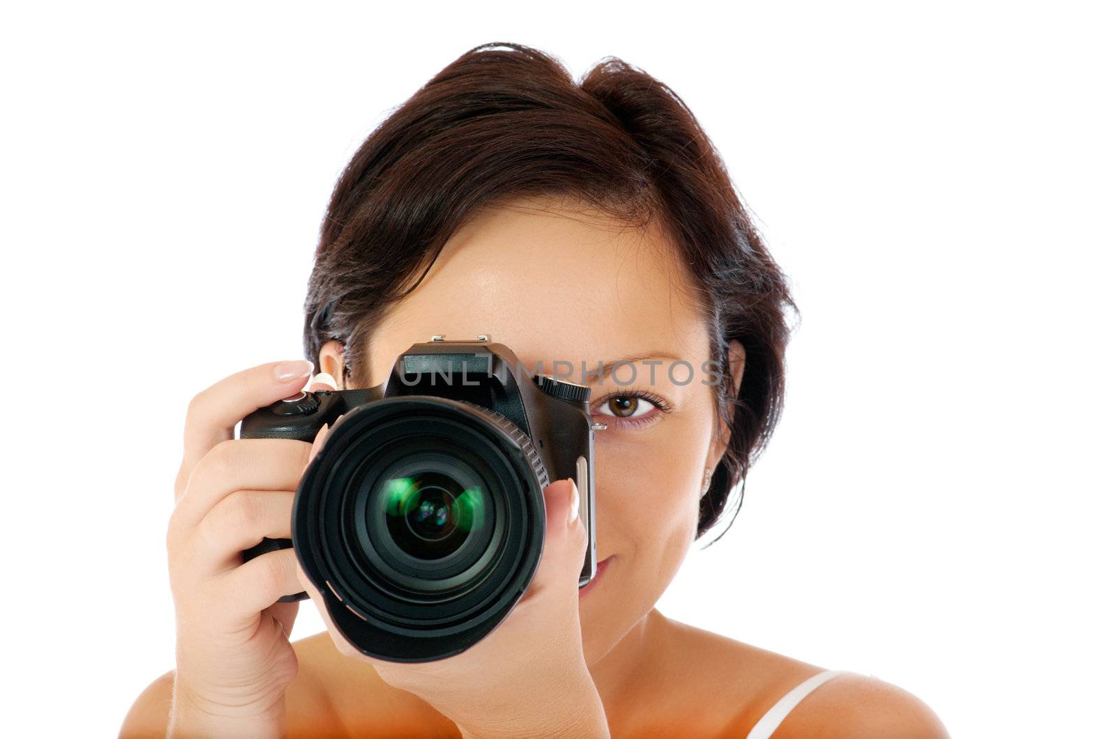 Young girl with DSLR isolated