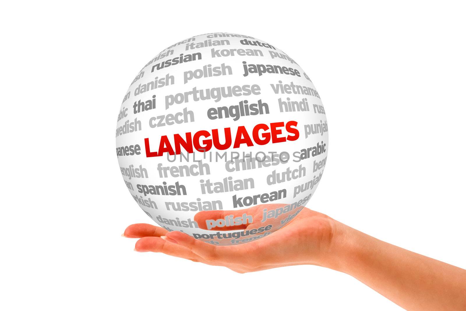 Hand holding a Languages Word Sphere on white background. 