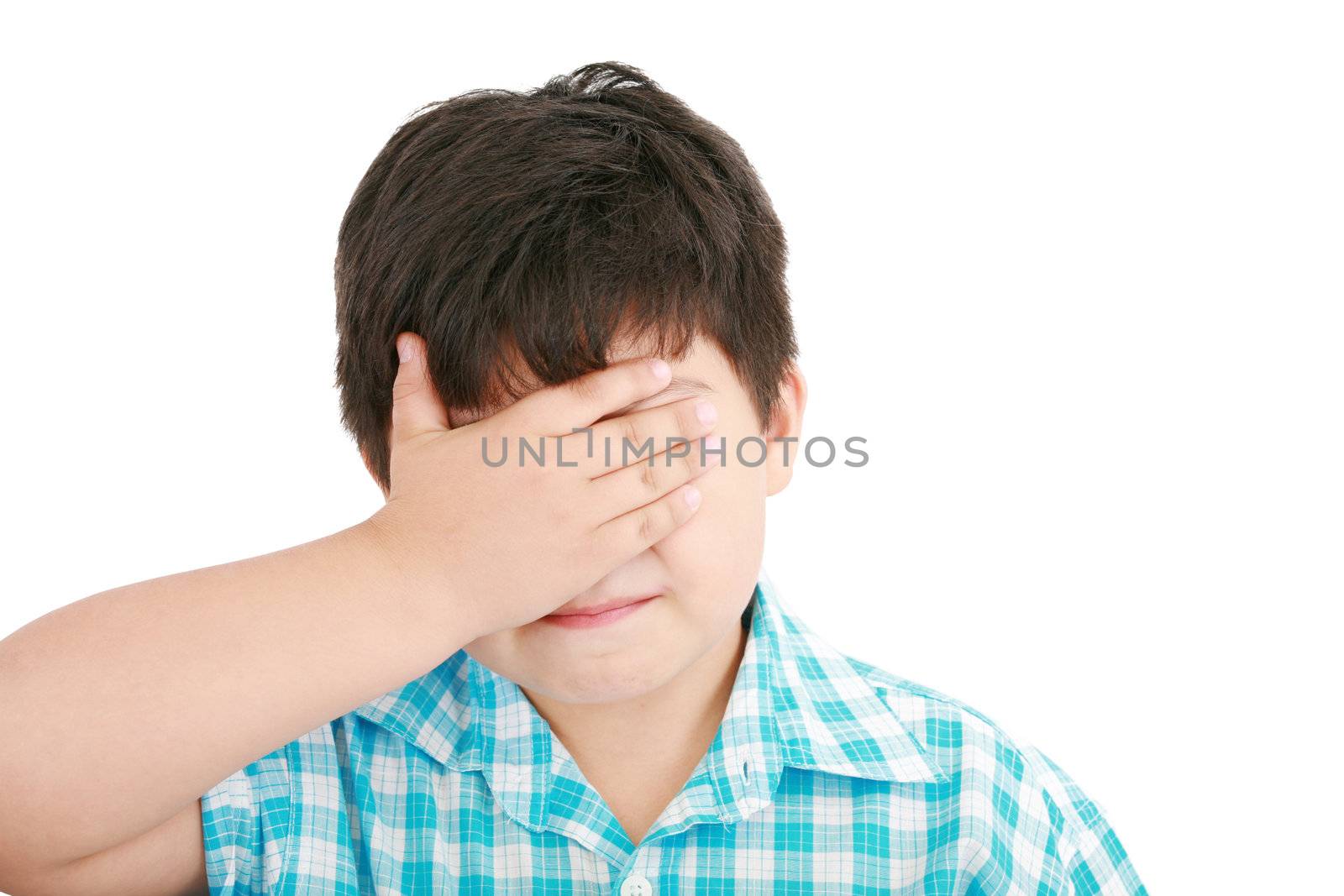 portrait of sad crying little boy covers his face with her hand by dacasdo